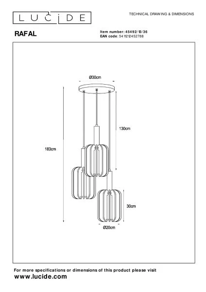 Lucide RAFAL - Hanglamp - Ø 50 cm - 3xE27 - Grijs - technisch